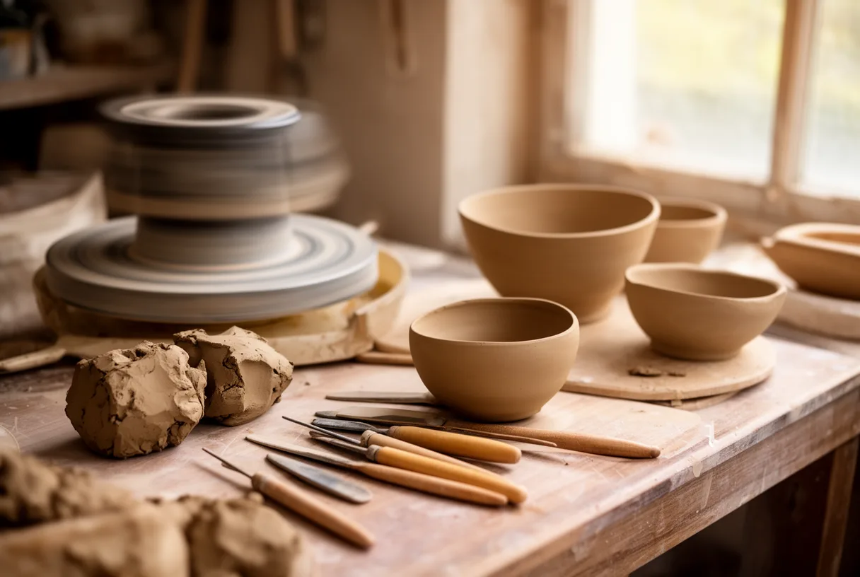 Atelier de poterie avec tour et outils