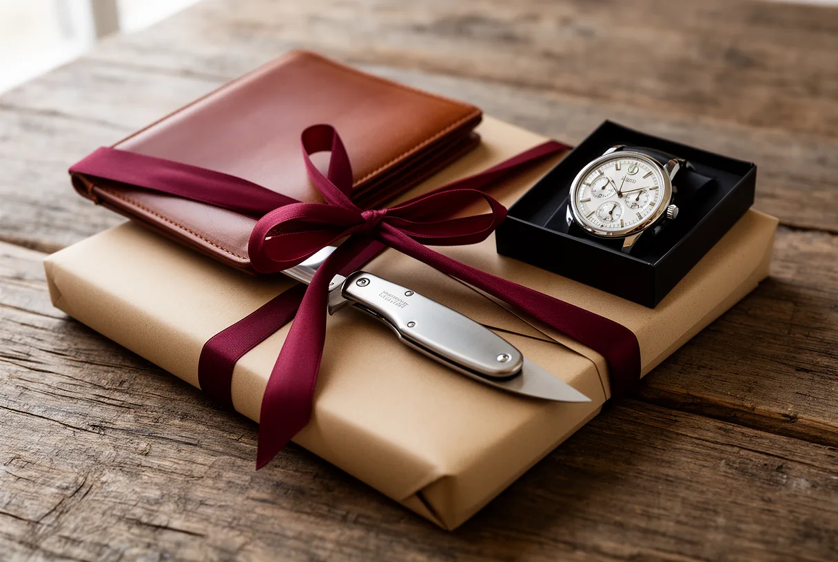 Cadeau de Saint-Valentin pour homme : portefeuille en cuir, couteau de poche et montre posés sur une table en bois.