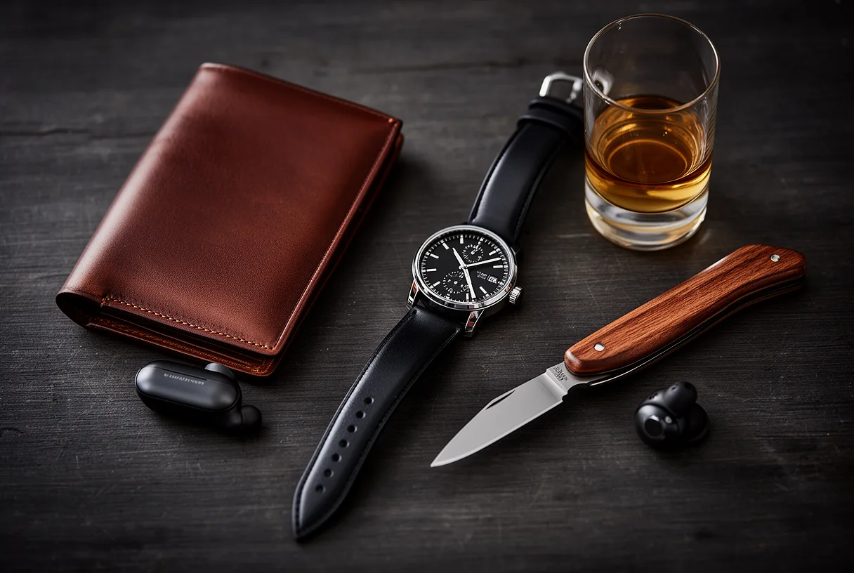 Cadeaux de Saint-Valentin pour homme disposés sur une table en bois sombre : portefeuille en cuir, montre, couteau de poche, écouteurs sans fil, verre de whisky.