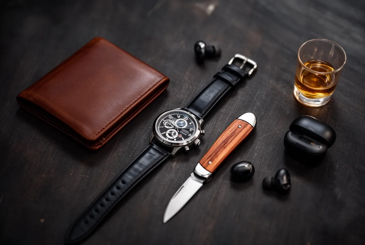 Cadeaux de Saint-Valentin pour homme disposés sur une table en bois sombre : portefeuille en cuir, montre, couteau de poche, écouteurs sans fil, verre de whisky.
