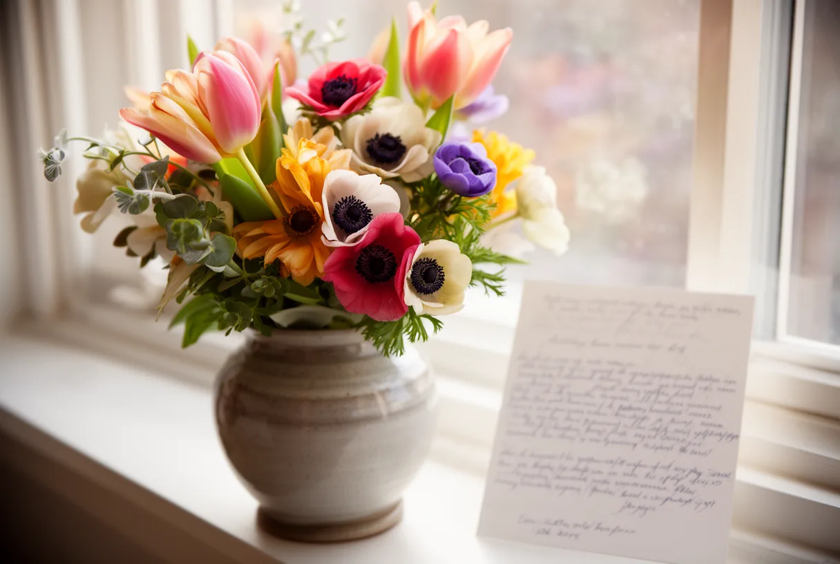 Bouquet de fleurs de saison dans un vase en céramique