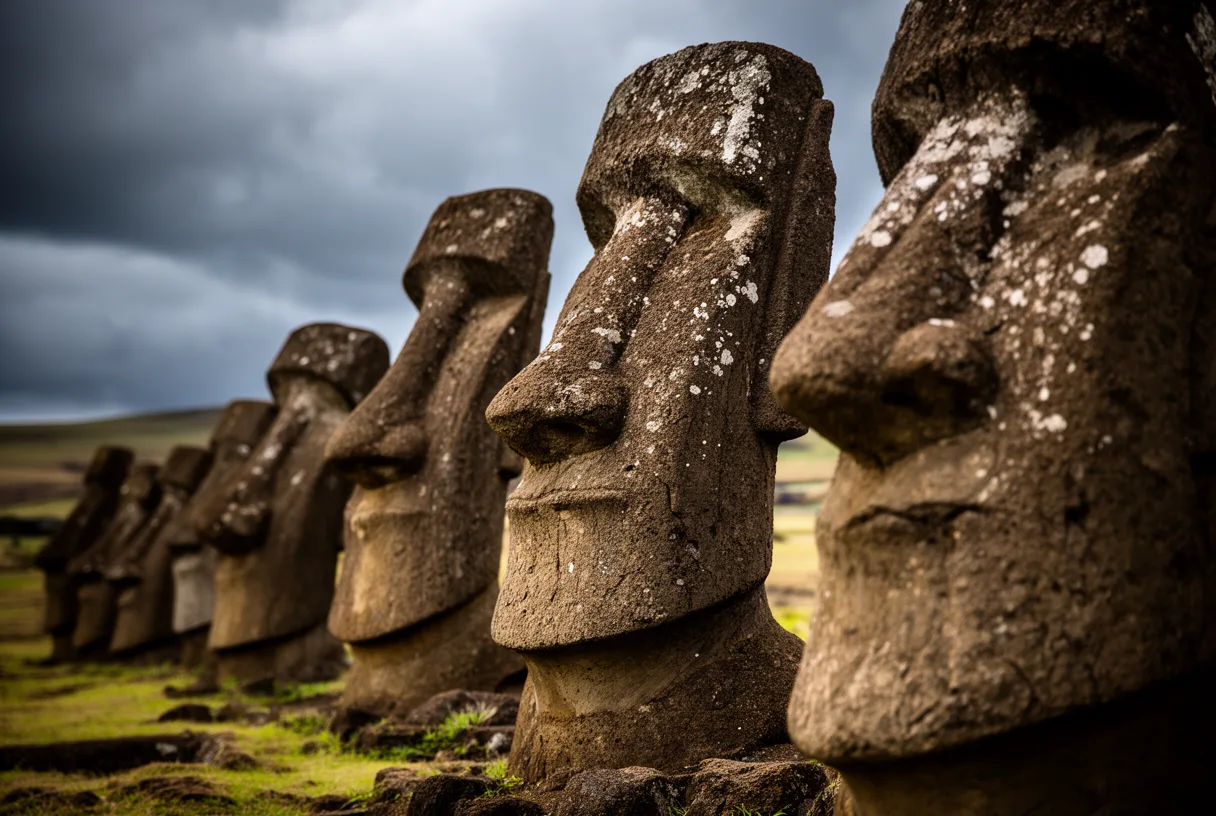 Gros plan sur les visages des moai de l'île de Pâques