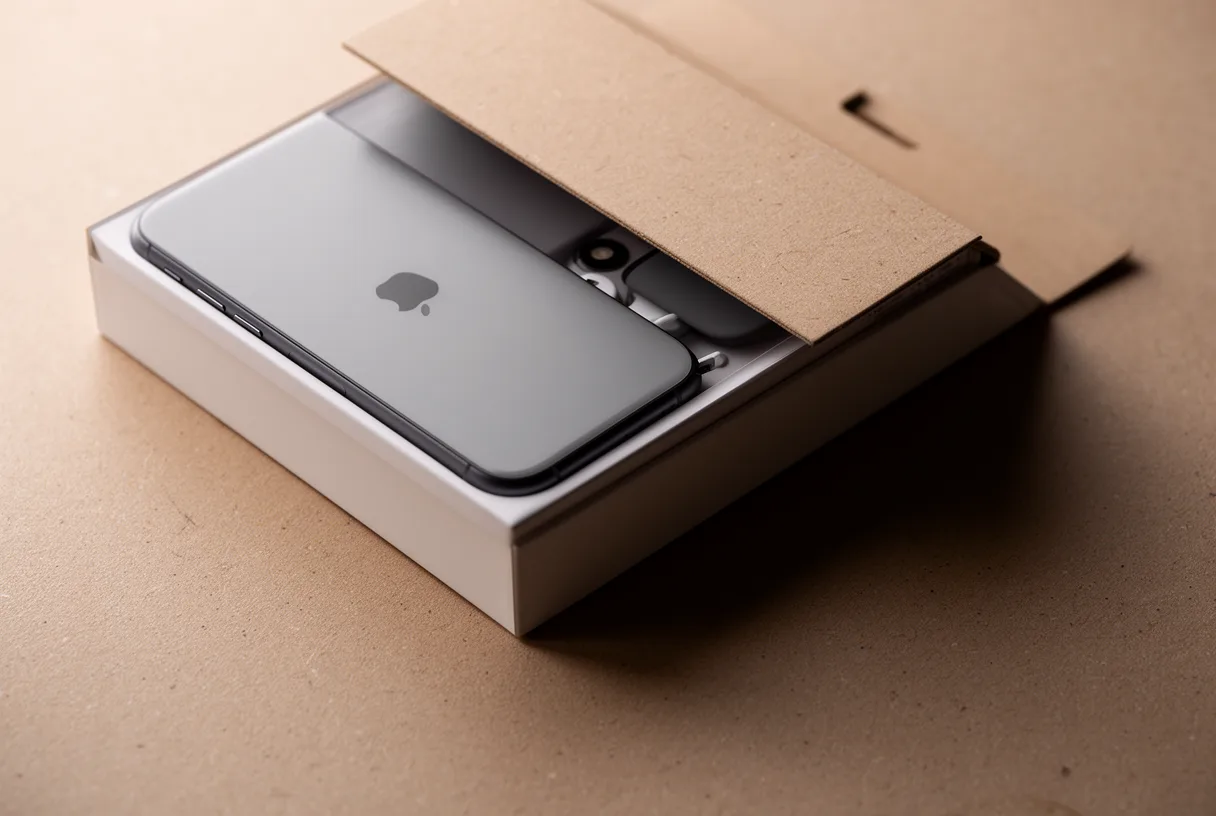 Un iPhone sorti de sa boîte, posé sur une table en bois.
