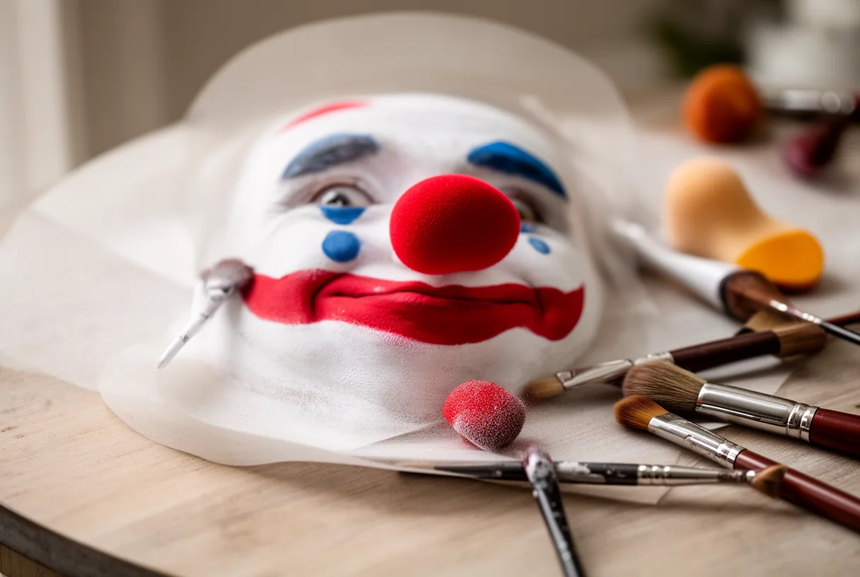 Maquillage de clown d'Halloween avec base blanche, nez rouge et motifs bleus