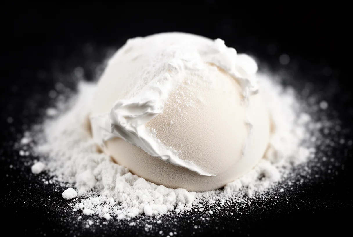Éponge de maquillage recouverte de base blanche et de poudre