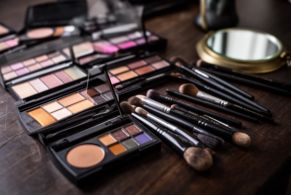 Palettes de maquillage et pinceaux posés sur une table sombre