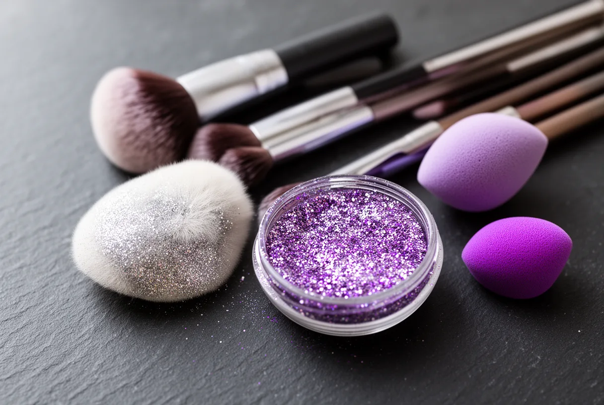 Trousse de maquillage Halloween avec pinceaux, éponges et paillettes cosmétiques sur une surface sombre