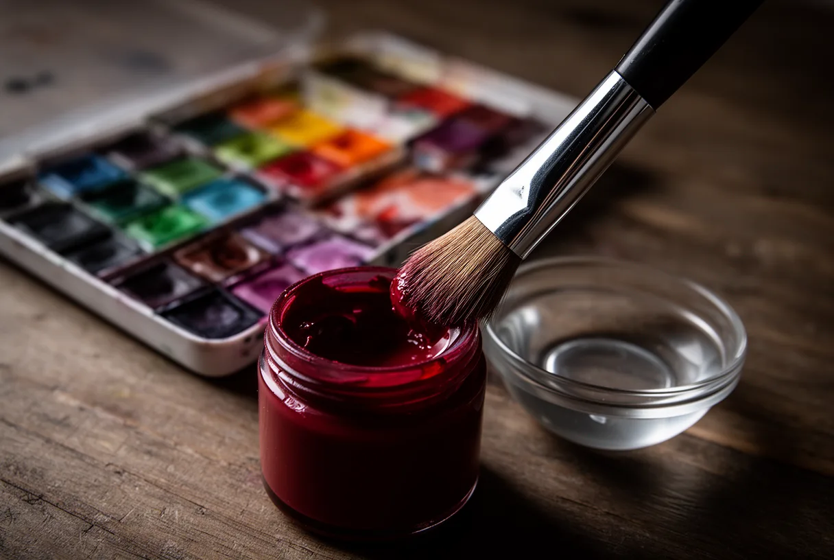 Pinceau de maquillage plongé dans une peinture crème rouge foncé, avec une palette de couleurs d'Halloween