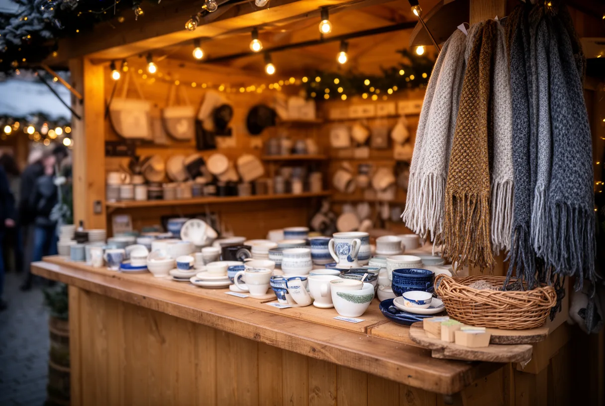 Chalet d'artisan au marché de la Croix-Rousse montrant des céramiques et écharpes en laine