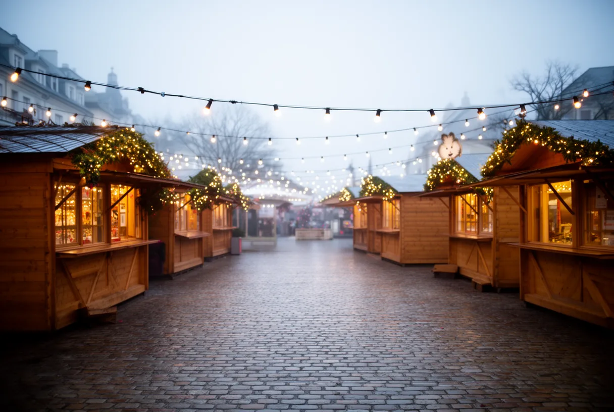 Allée de chalets en bois illuminés sur la place Carnot, tôt le matin sans visiteurs