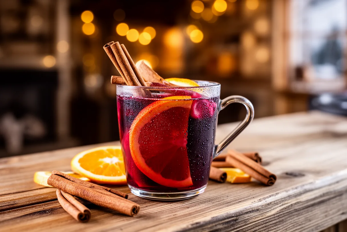 Gobelet de vin chaud avec bâton de cannelle et tranche d'orange sur un comptoir en bois