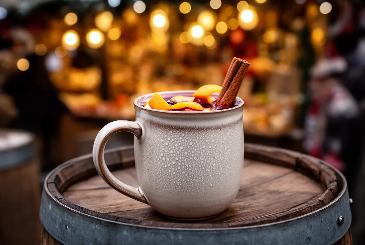 Tasse de vin chaud aux épices posée sur un tonneau dans le marché de Noël d'Annecy.