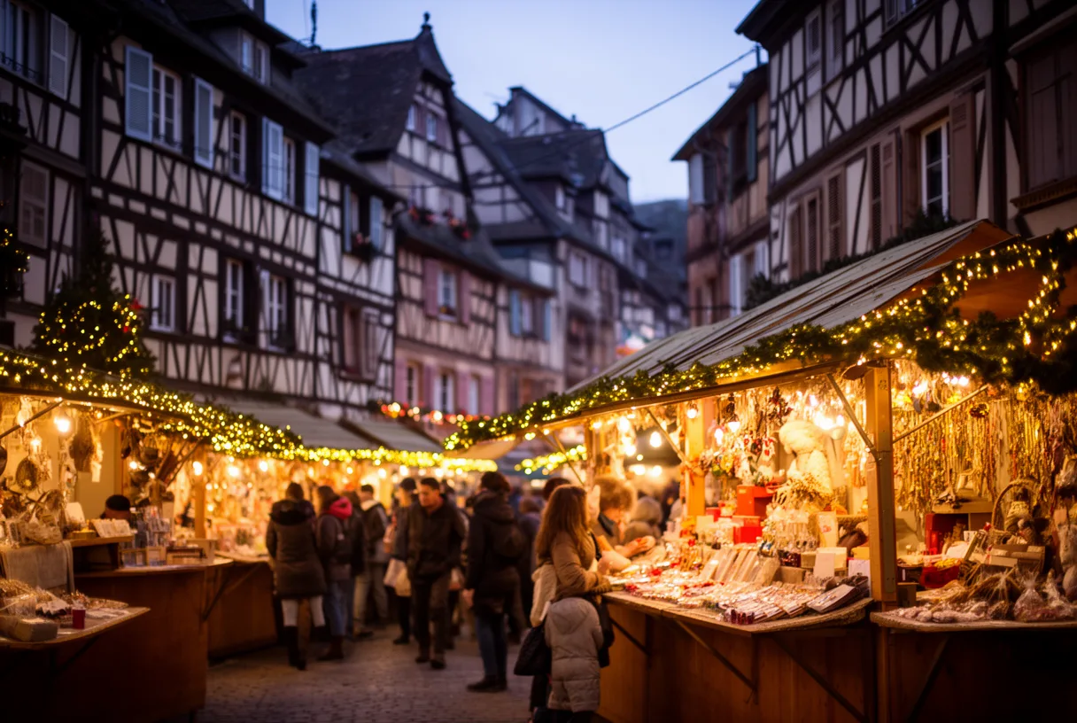 Vue du marché de Noël de Colmar avec ses maisons à colombages illuminées