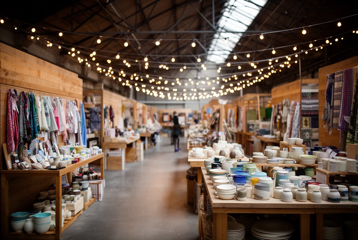 Intérieur de la gare Saint-Sauveur aménagée en marché de Noël artisanal