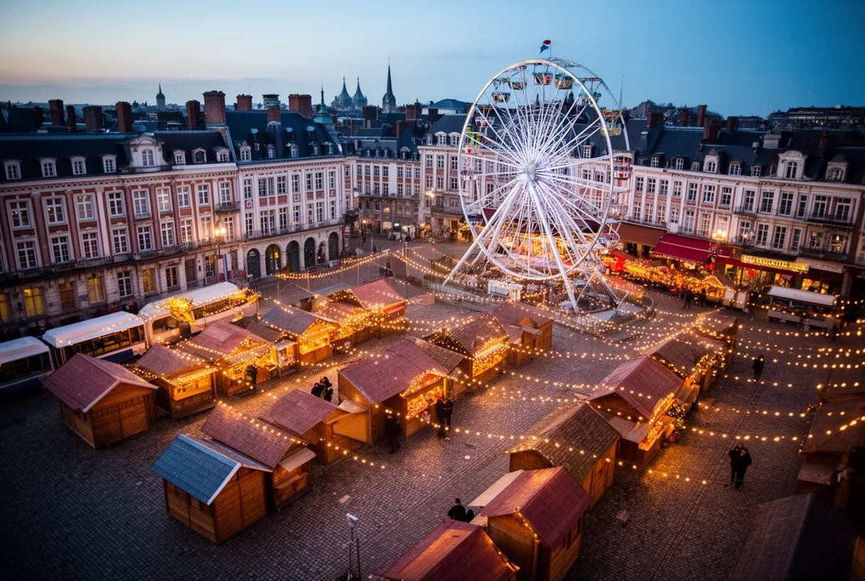 Marché de Noël de Lille avec la grande roue et les chalets sur la Grand-Place