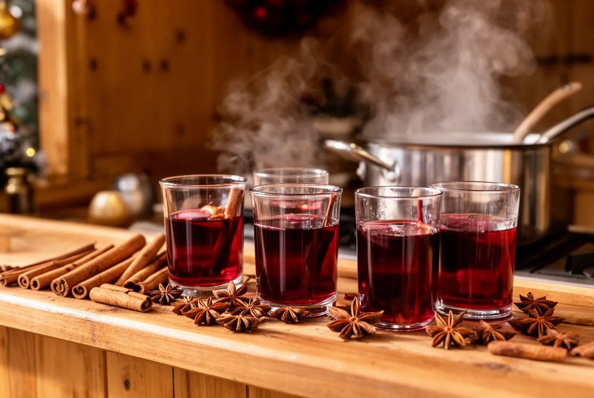 Chalets du marché de Noël avec vin chaud et épices