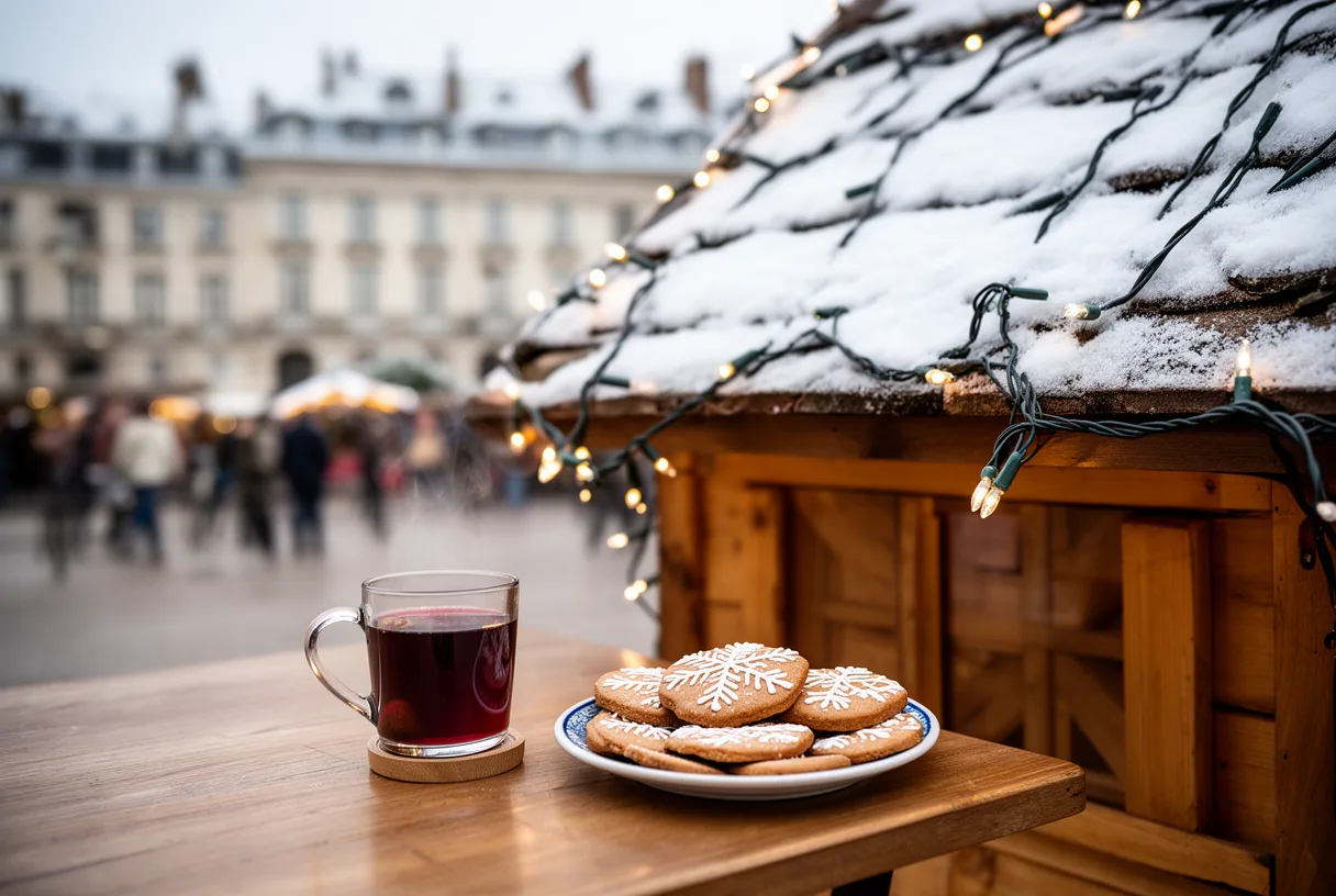 Détail d'un chalet du marché de Noël de Nancy avec un toit enneigé, des guirlandes lumineuses, une tasse de vin chaud et des bredeles.