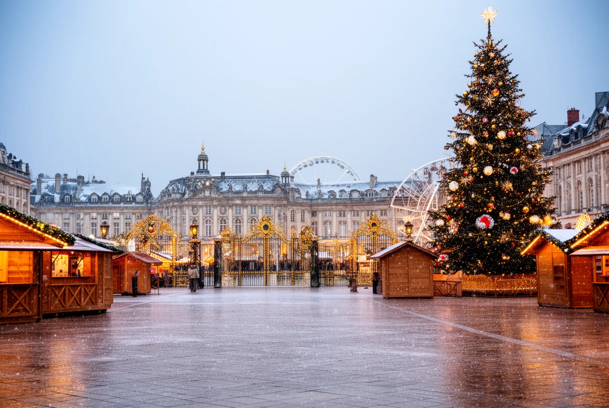 Vue du marché de Noël de Nancy sur la place Stanislas avec ses chalets illuminés, le grand sapin et la grande roue en arrière-plan.