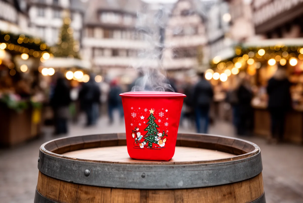 Gobelet de vin chaud consigné sur un tonneau en bois au marché de Noël de Strasbourg