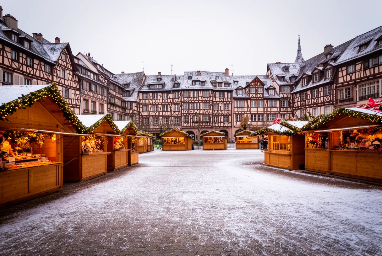 Vue de la place Broglie avec les chalets en bois du marché de Noël de Strasbourg