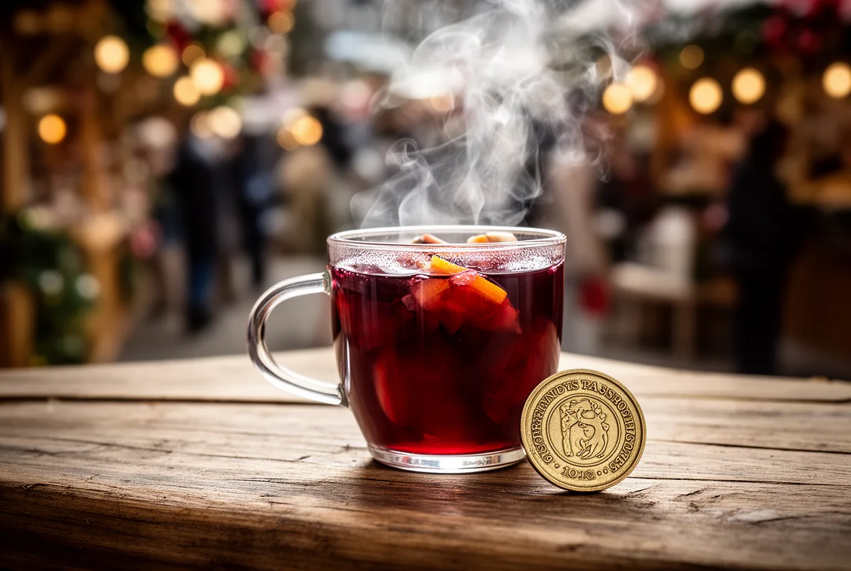 Verre de vin chaud avec jeton de consigne sur un comptoir de chalet