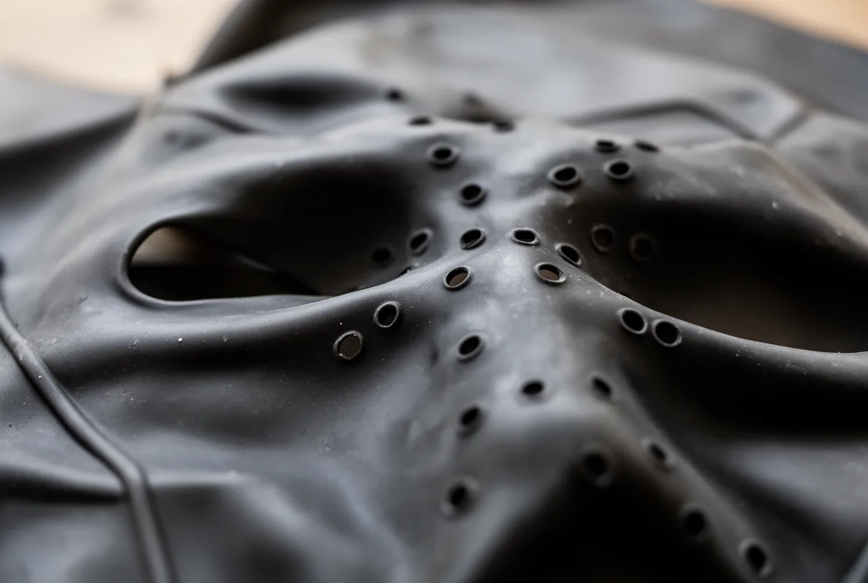 Gros plan sur la texture d'un masque de monstre en latex avec des trous de ventilation