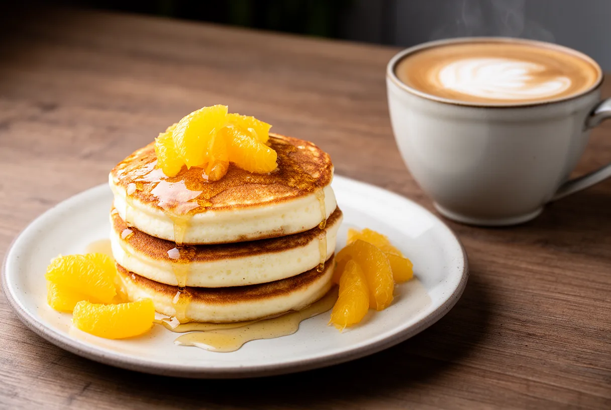 Pancakes à la ricotta et agrumes accompagnés d'un flat white chez Moka Brunch & Coffee