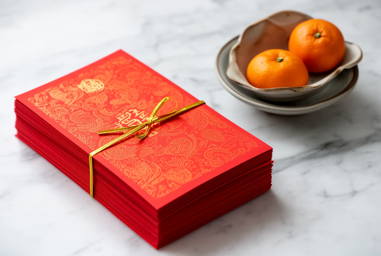 Enveloppes rouges traditionnelles avec motifs dorés et deux mandarines