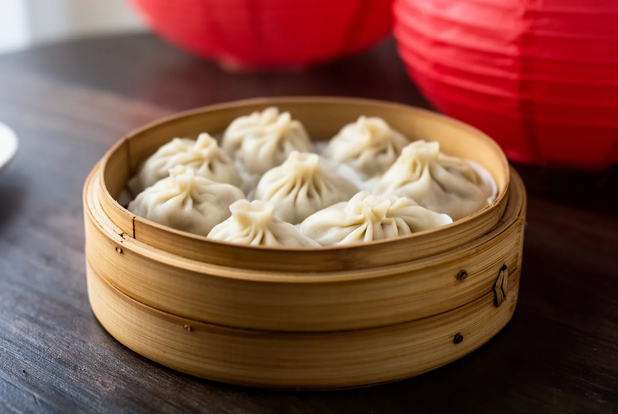Raviolis chinois dans un panier vapeur en bambou.