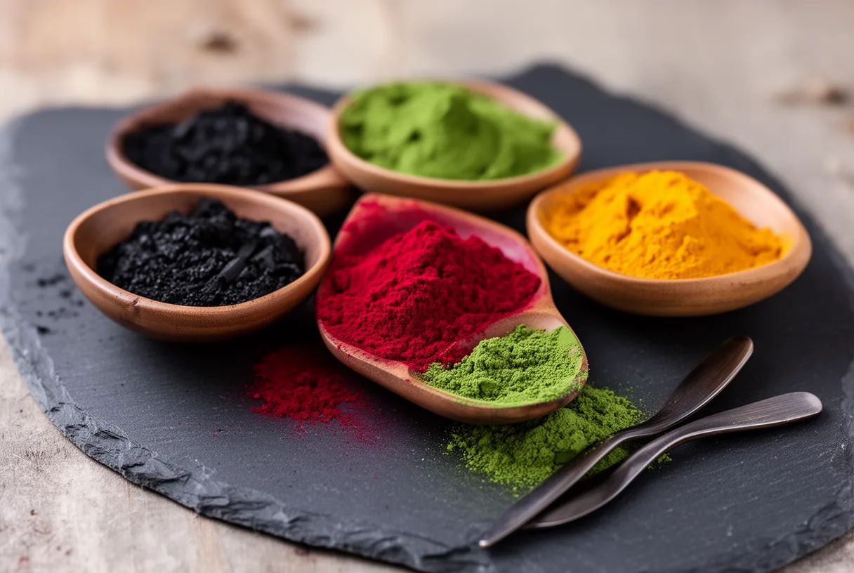 Six petits bols contenant des colorants alimentaires naturels posés sur une ardoise sombre