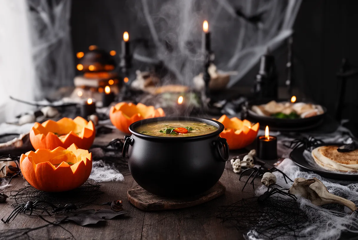 Table d'Halloween dressée avec une soupière noire, des bols en citrouille et des décorations sombres éclairées aux bougies