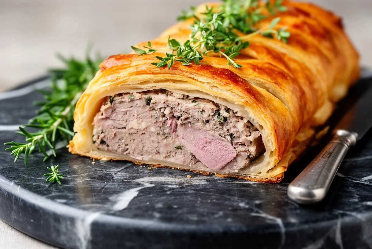 Terrine de canard en croûte, entourée d'herbes fraîches, sur une planche en marbre