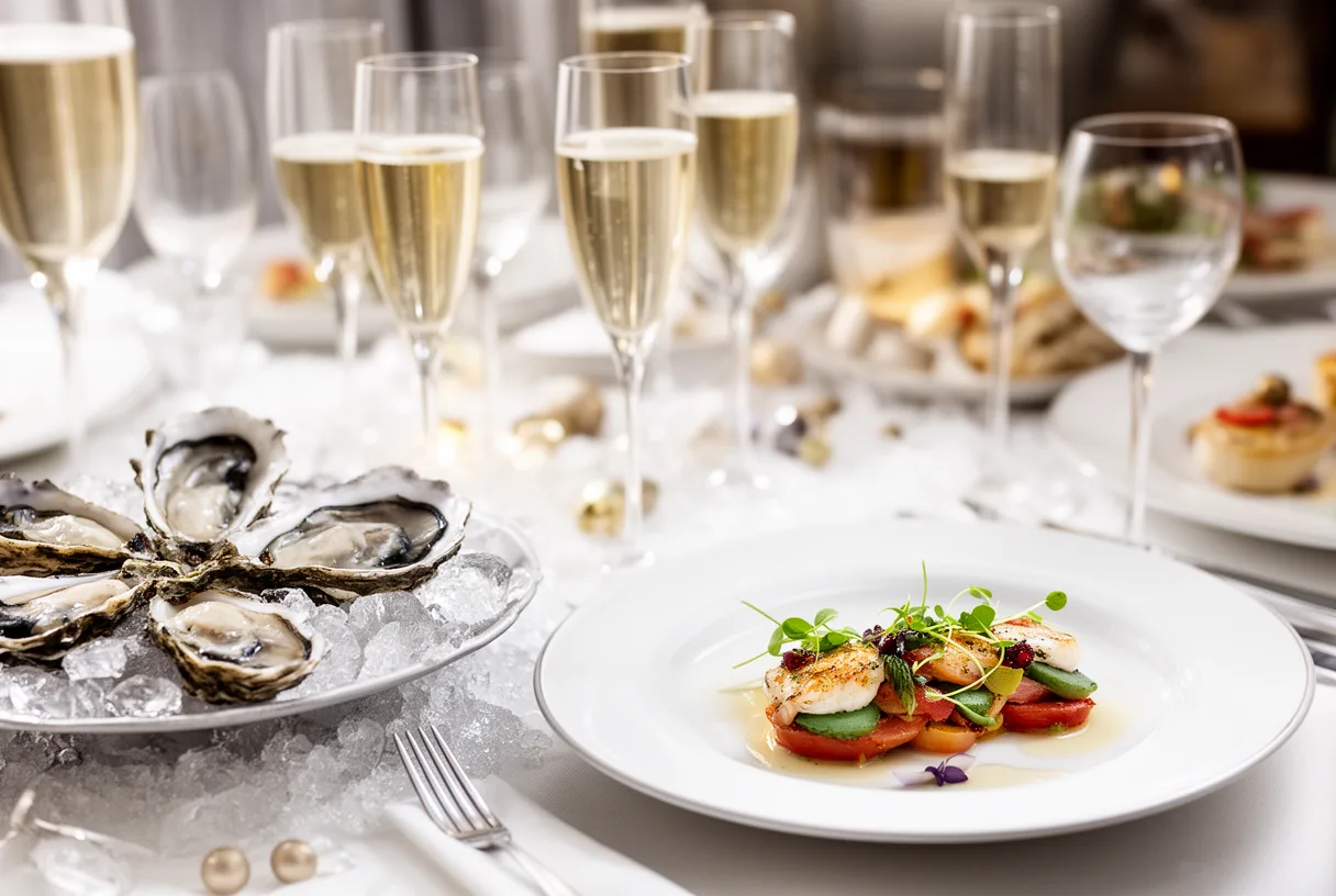 Table du réveillon avec champagne, huîtres et amuse-bouches
