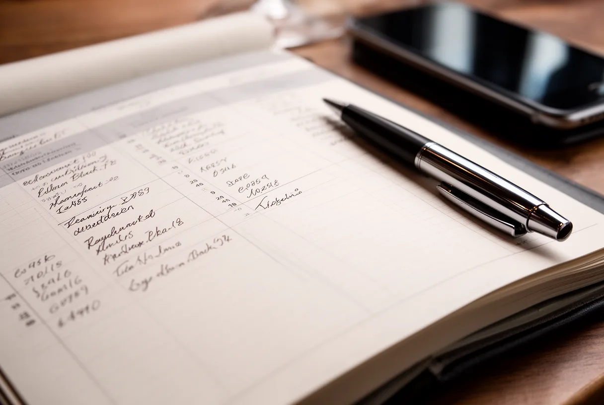 Carnet de réservation de restaurant avec un stylo et un téléphone à proximité