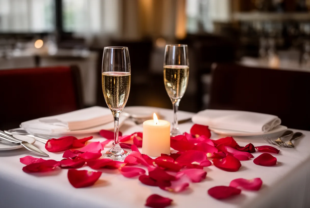 Table romantique dressée pour deux dans un restaurant, avec bougies et coupes de champagne