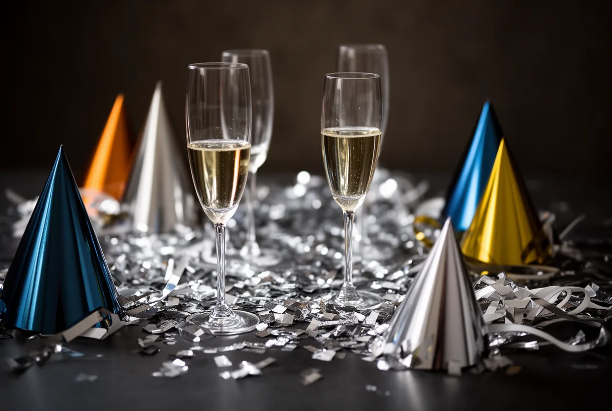 Table de fête dressée pour le réveillon avec coupes de champagne et confettis argentés.