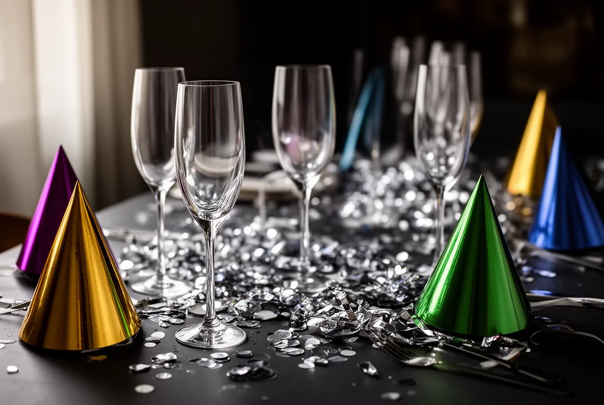 Table de fête dressée pour le réveillon avec coupes de champagne et confettis argentés.