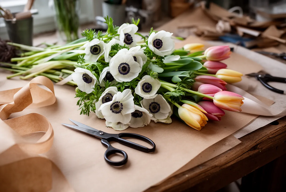 Fleuriste préparant un bouquet de fleurs de saison, anémones et tulipes.