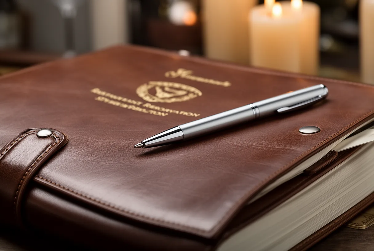 Carnet de réservation d'un restaurant avec stylo posé, éclairé à la bougie