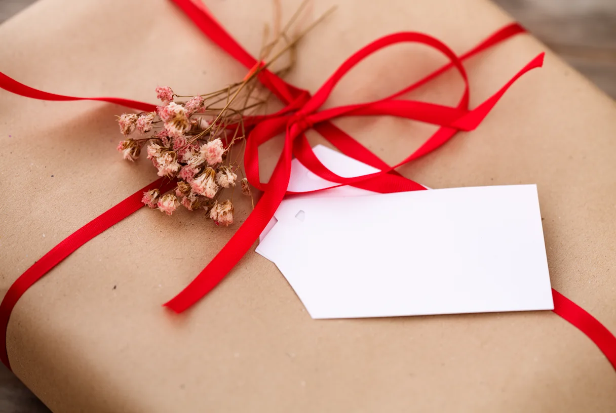 Composition de papier kraft, ruban rouge et fleurs séchées pour emballer un cadeau de Saint-Valentin