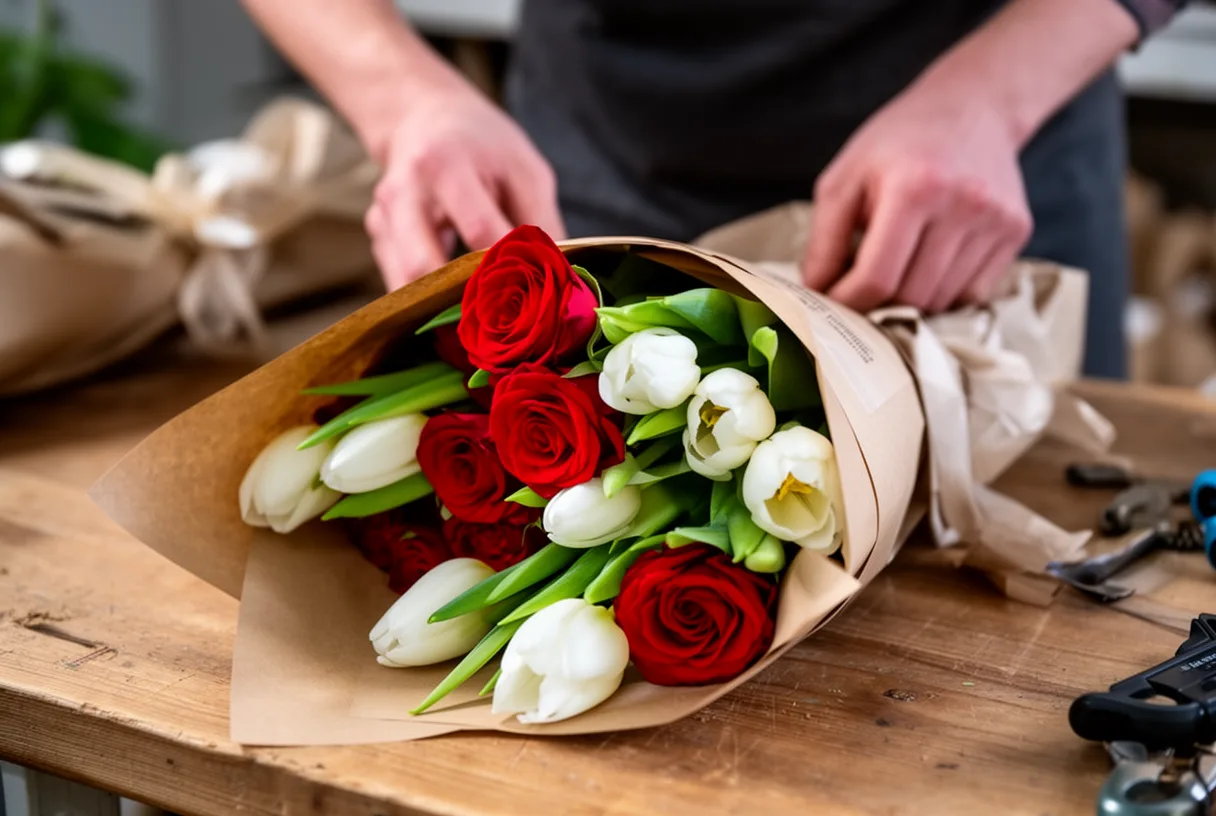 Préparation d'un bouquet mêlant roses rouges et tulipes blanches