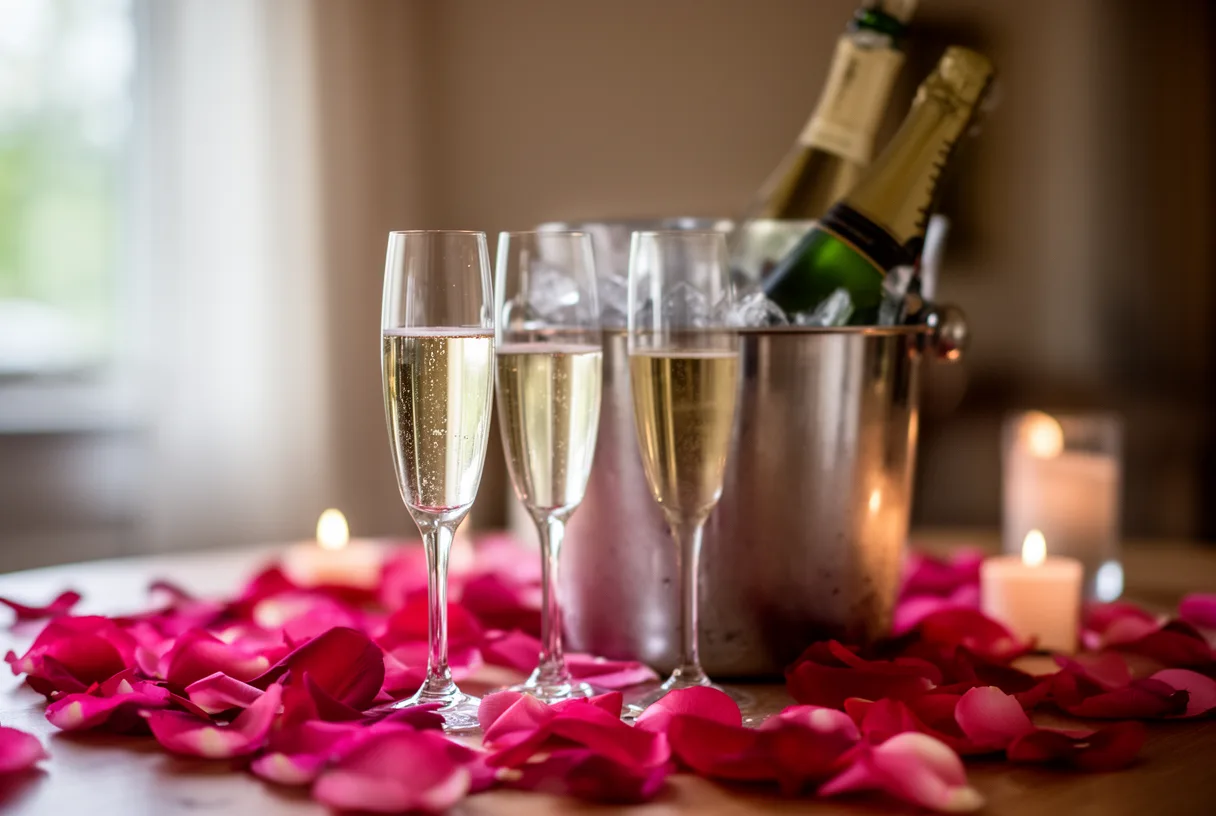 Deux flûtes de champagne et une bouteille dans un seau à glace, pétales de roses sur la table, ambiance tamisée
