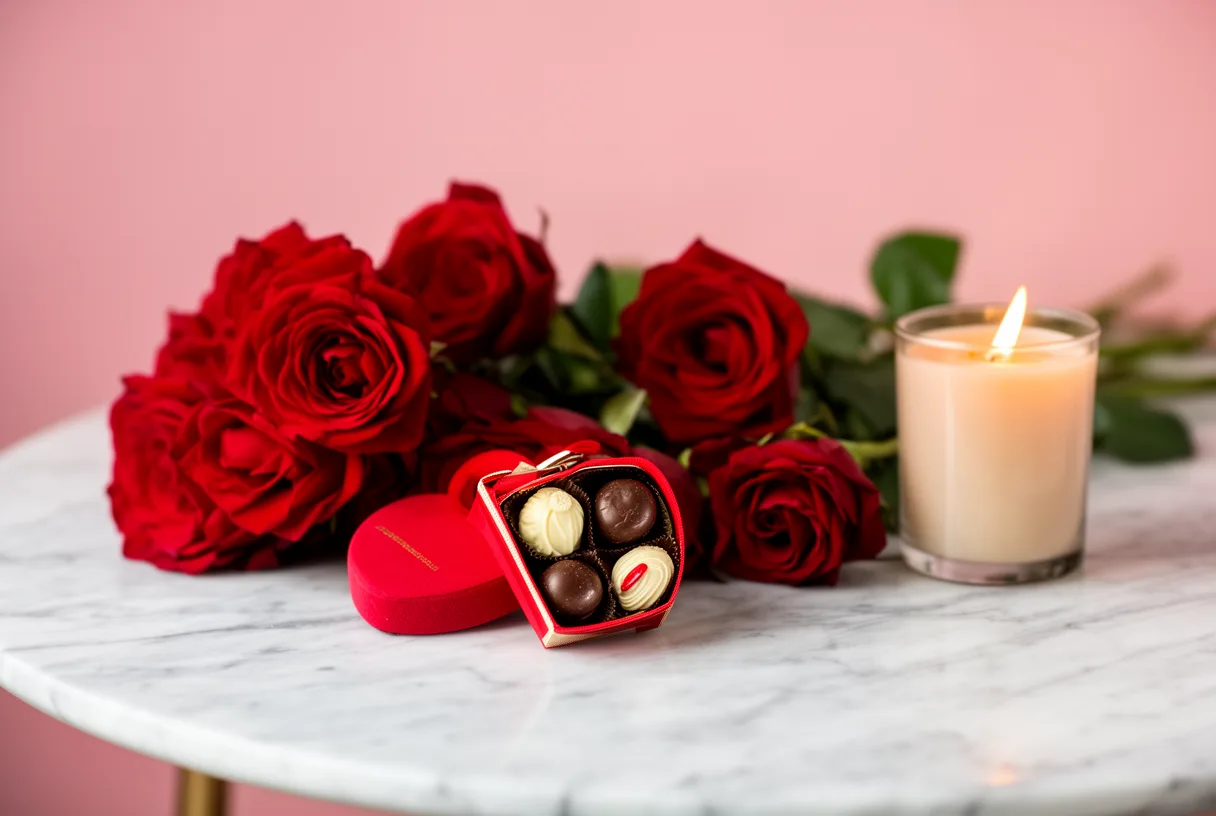 Nature morte romantique avec roses rouges, boîte de chocolats en forme de cœur et bougie allumée sur une table en marbre