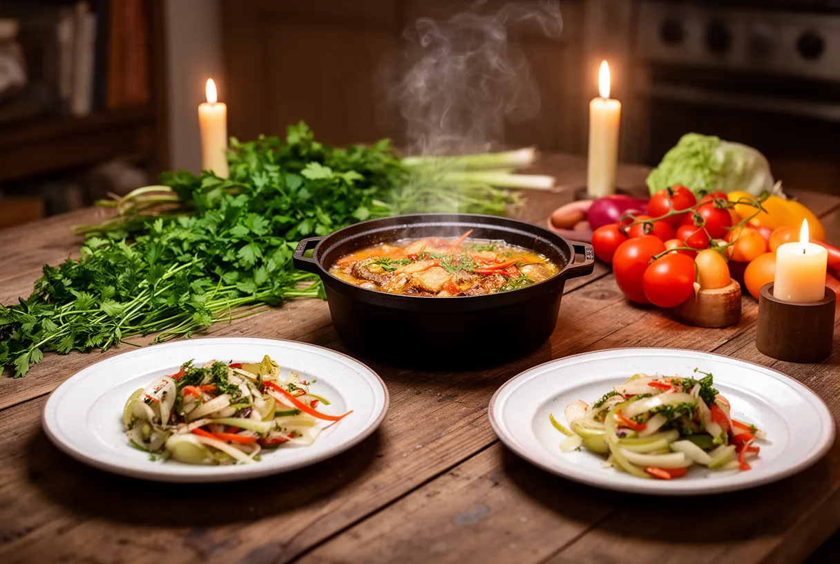 Plats mijotés et légumes frais sur une table de cuisine pour un dîner à deux