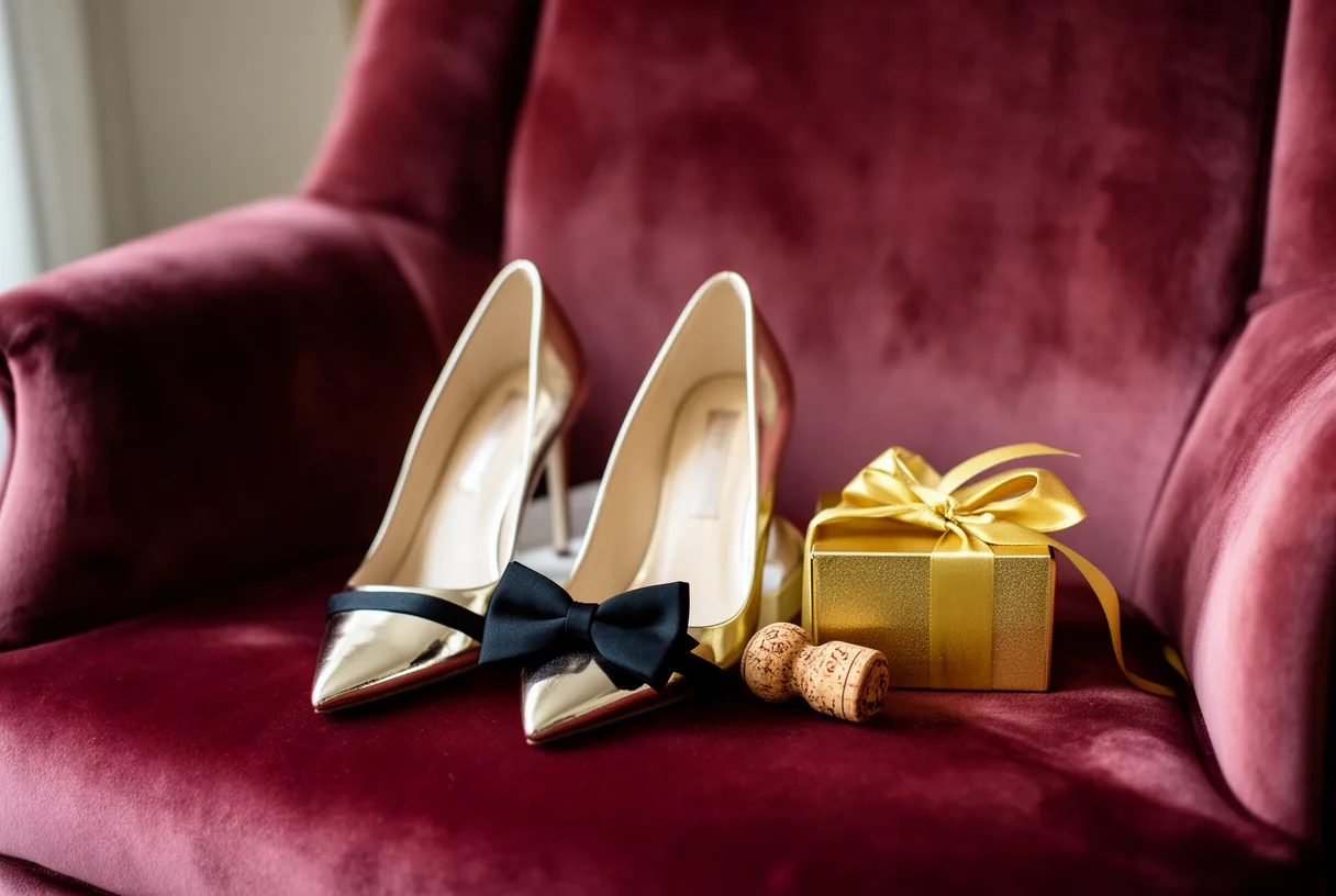Accessoires de soirée : escarpins, nœud papillon et petit cadeau sur une chaise