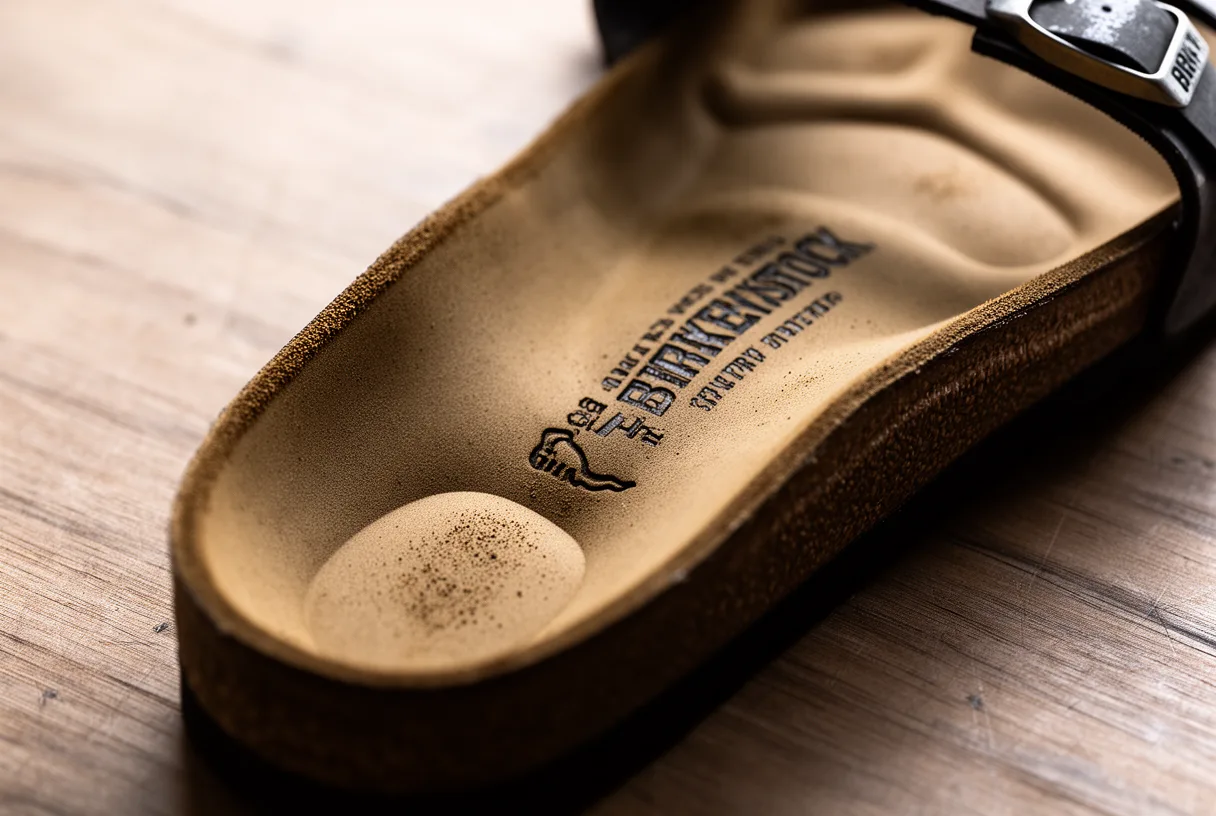 Semelle intérieure d'une Birkenstock montrant le lit de pied anatomique