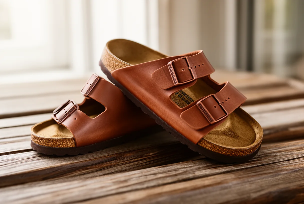Paire de sandales Birkenstock Arizona posées sur un banc en bois