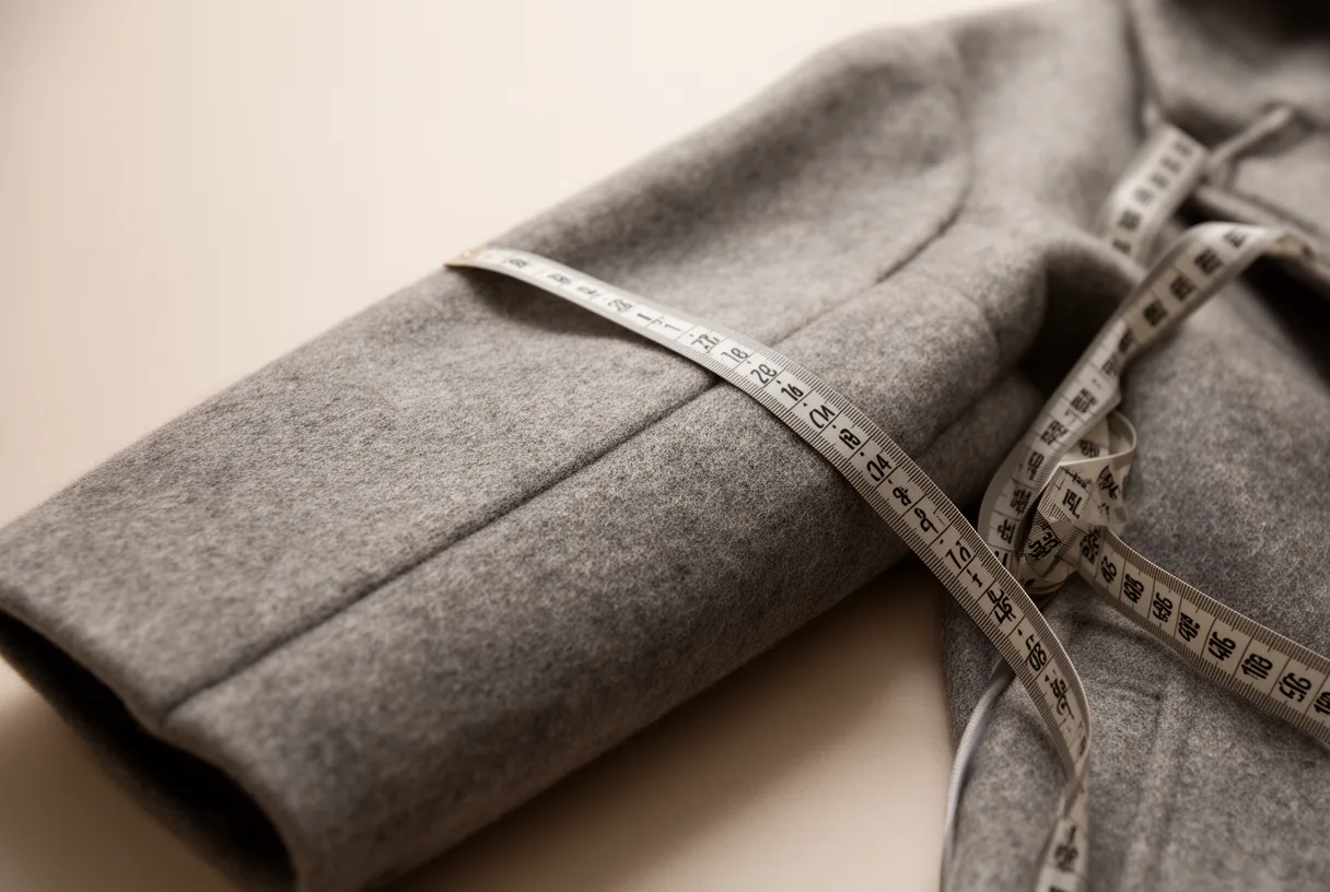 Ruban de mesureur posé sur la manche d'un manteau en laine