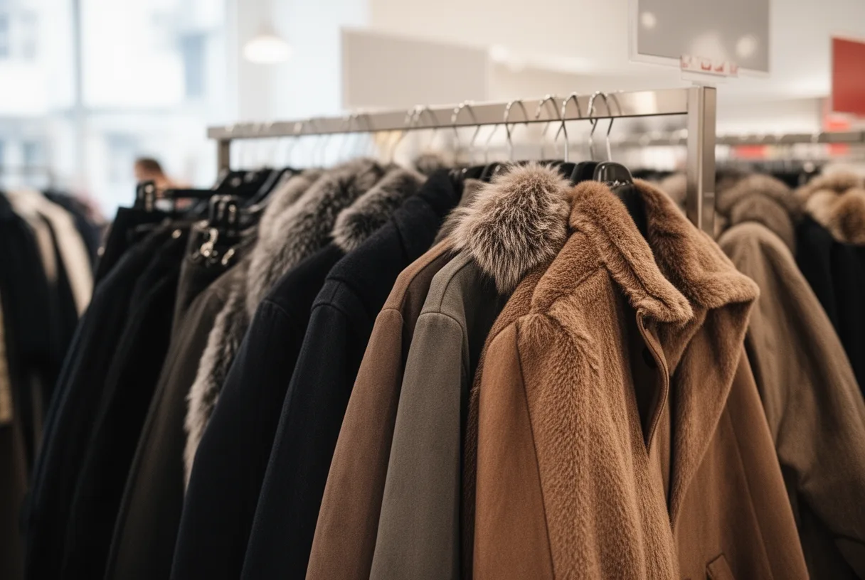 Manteaux d'hiver sur un portant en magasin pendant les soldes