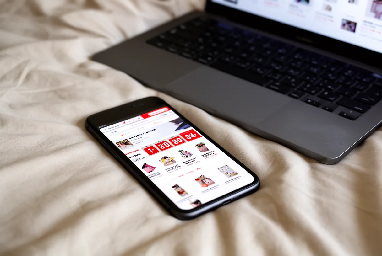 Smartphone et ordinateur affichant un site de vente en ligne avec un compte à rebours, sans texte lisible